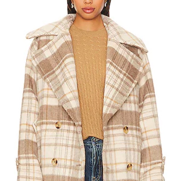 Free People Cream And Brown Plaid Pea Coat